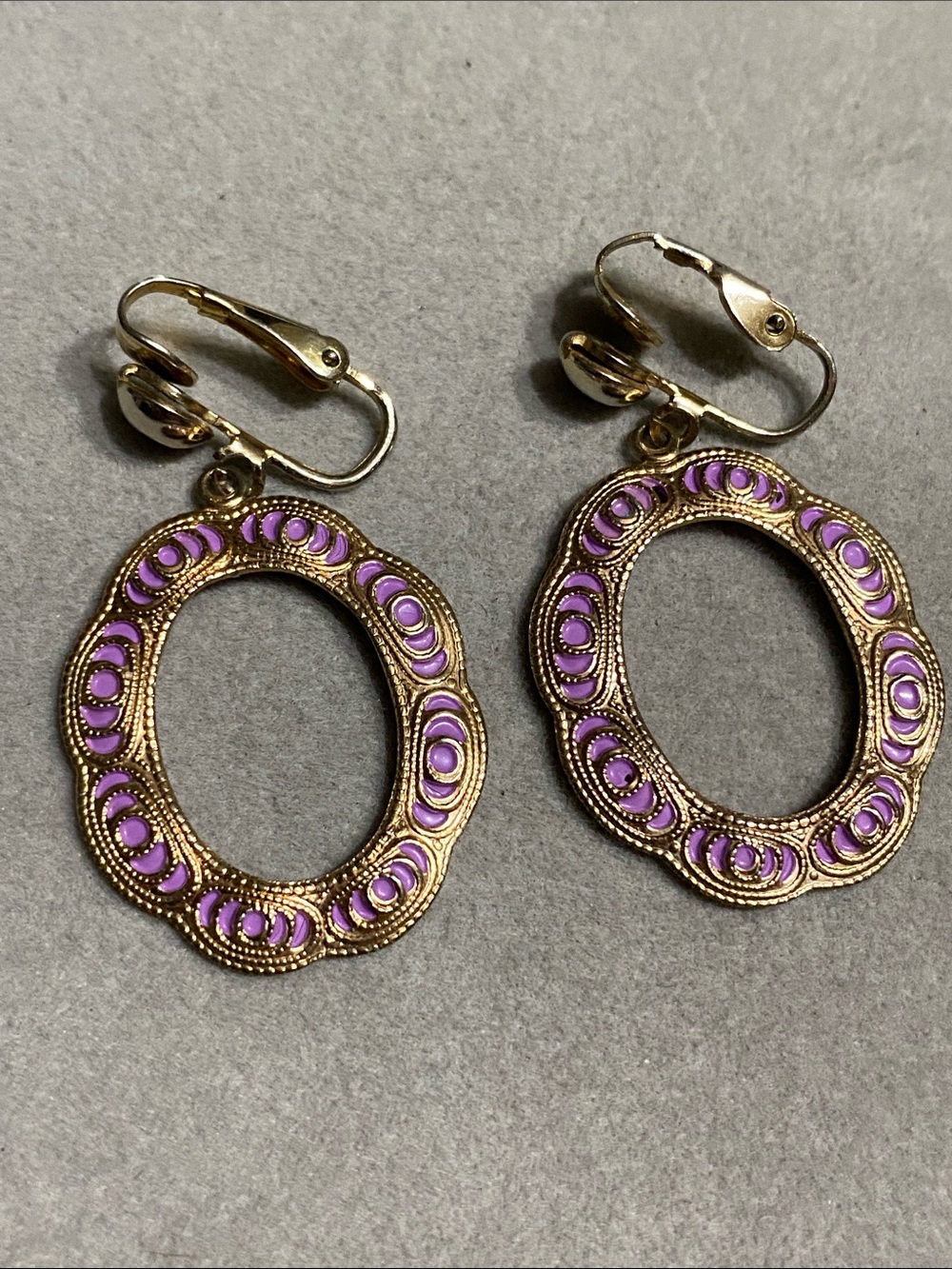 Gold-Tone Purple Enamel Oval Drop Clip-On Earrings
